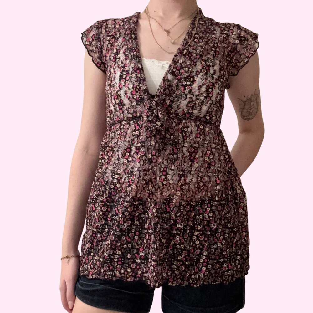 Vintage Flair Floral Y2K Mesh V-Neck Babydoll Top Size S